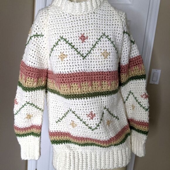 𝅺vintage chunky knit grandma handmade sweater white - Picture 1 of 8